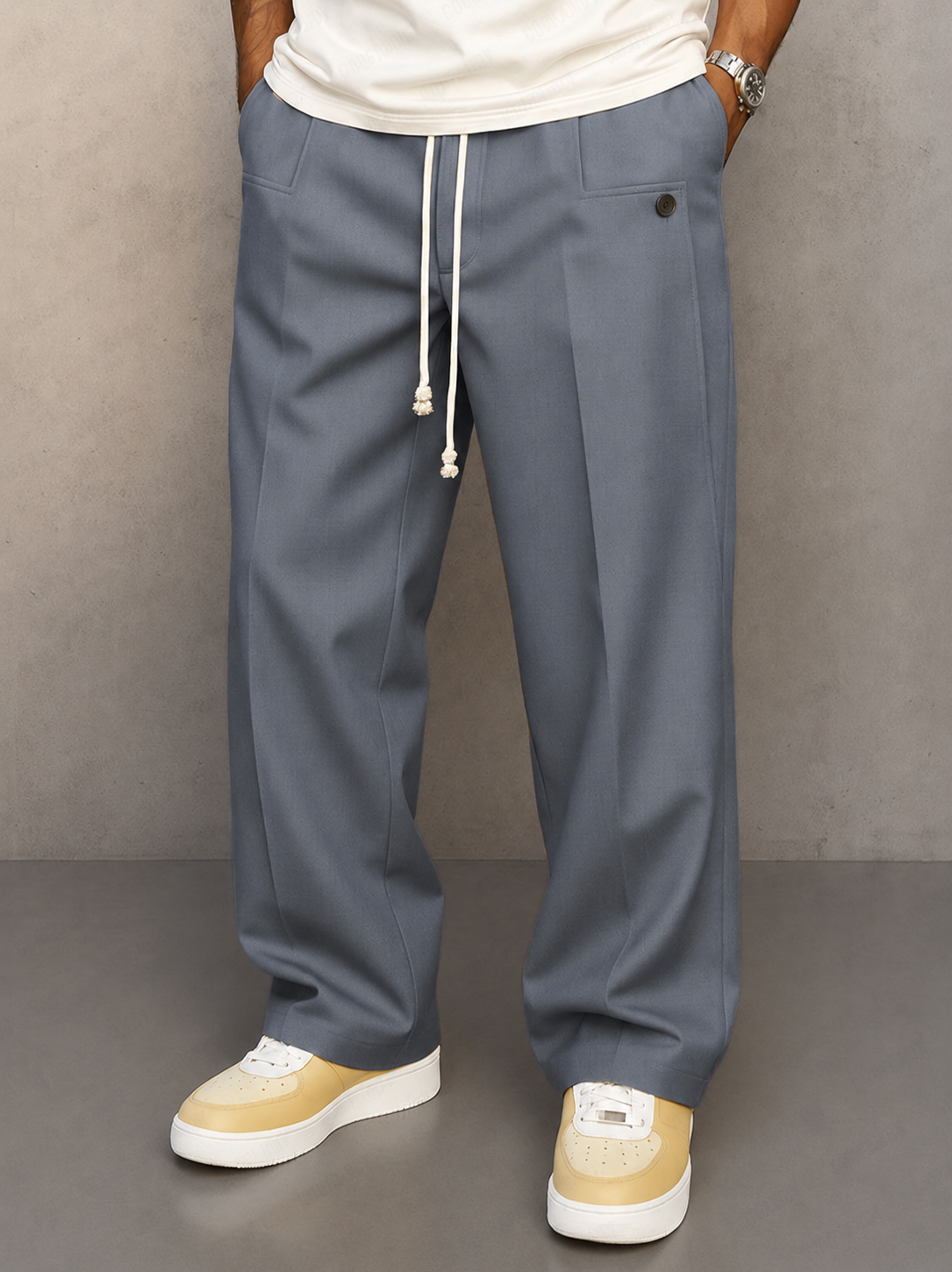Pánské široké kalhoty s tažným páskem a plisováním pro volný čas