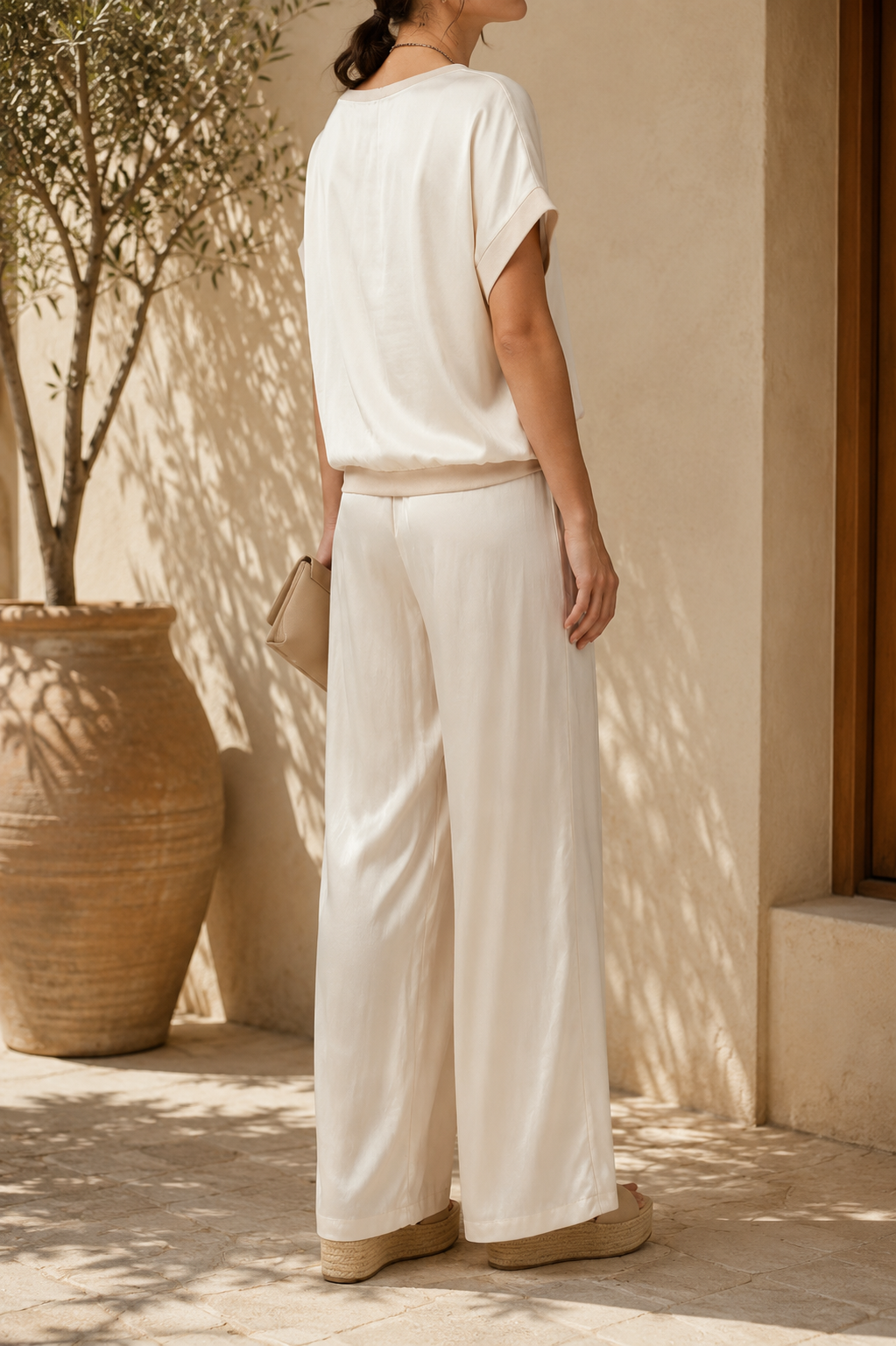 Conjunto de pantalón de pierna ancha con cordón para mujer y blusa holgada