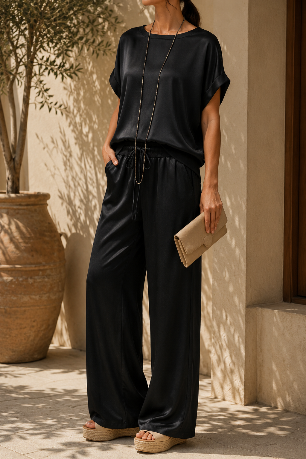 Conjunto de pantalón de pierna ancha con cordón para mujer y blusa holgada
