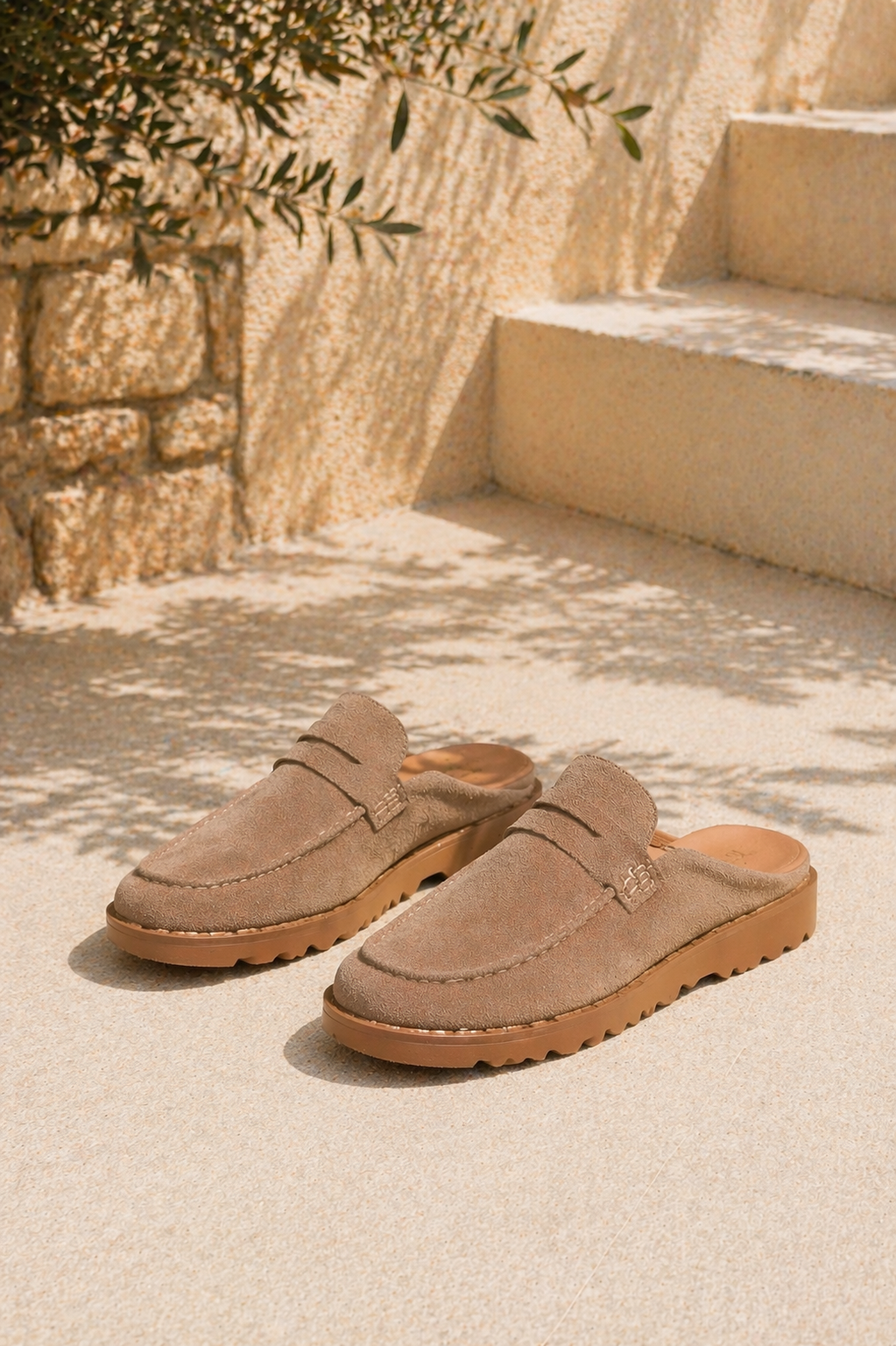 Damesuede slip-on mule loafers med komfortsål