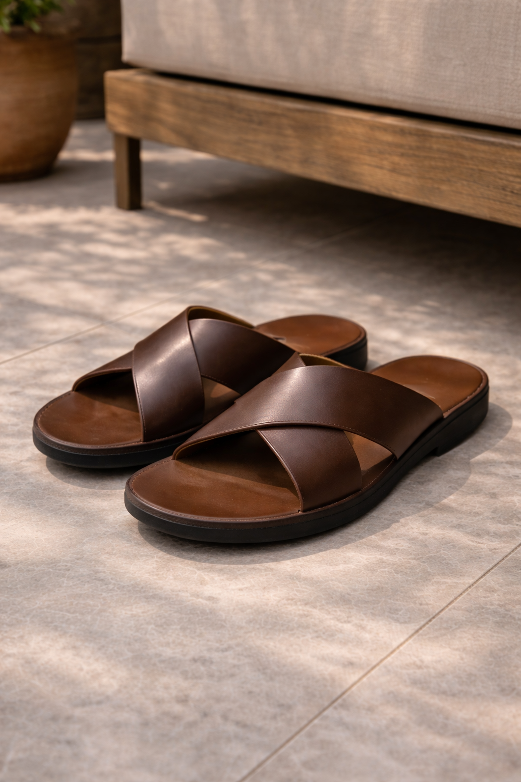 Men’s Leather Slide Sandals Cross Strap Summer Comfort