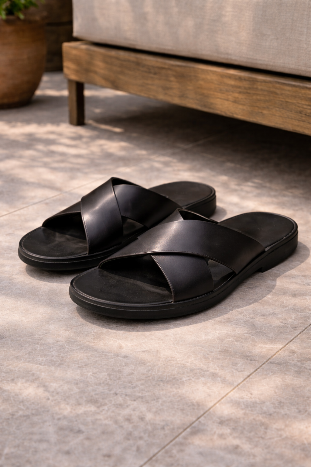 Men’s Leather Slide Sandals Cross Strap Summer Comfort