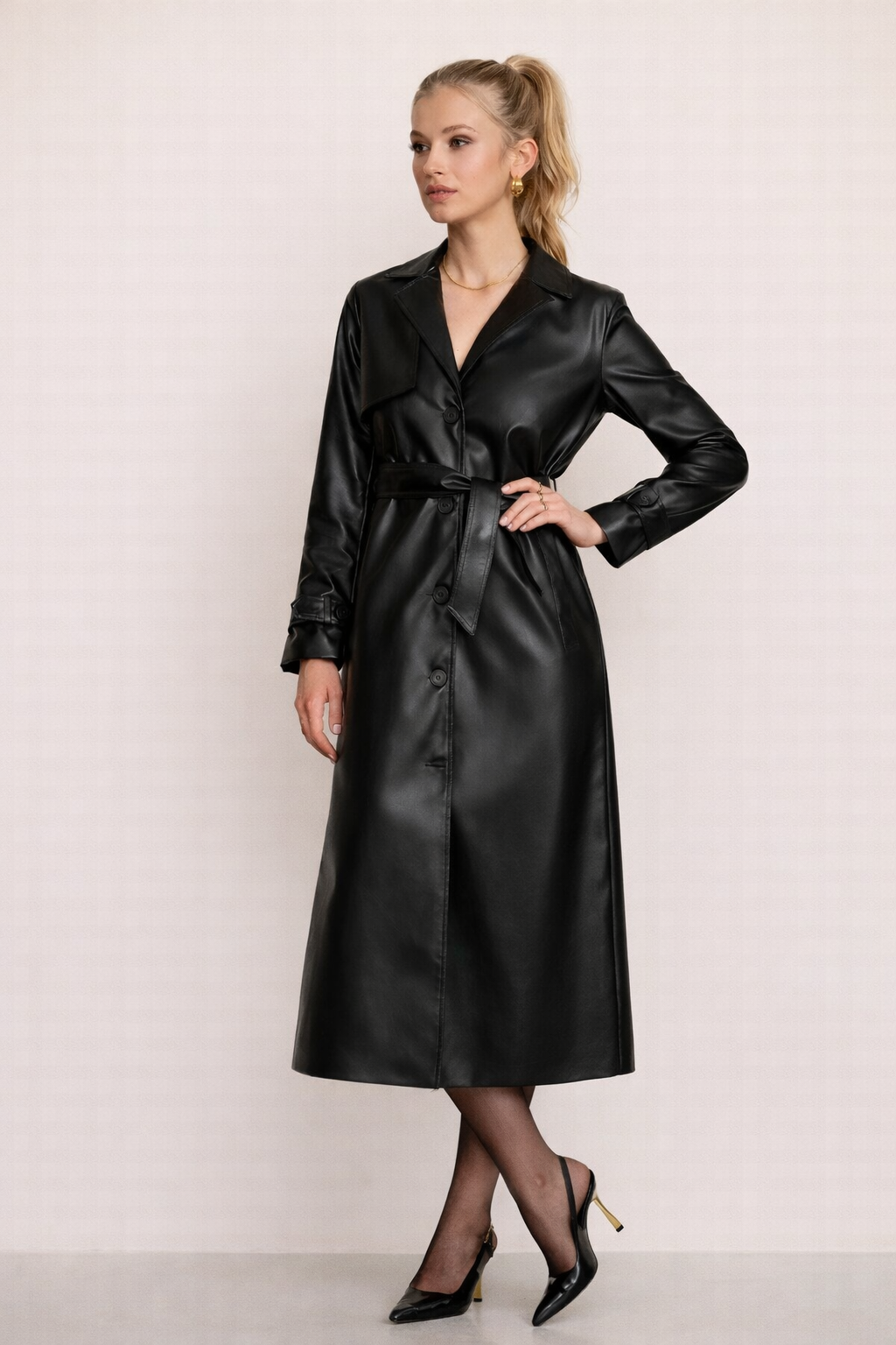 Luxury Leather Look Lightweight Summer Jacket for Women Elegant Belted Button Up Design