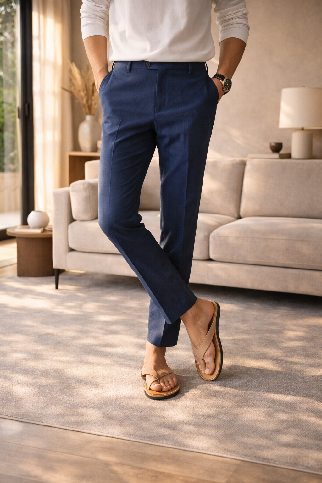 Men’s Linen Blend Tailored Trousers Straight Leg Smart Casual Pants