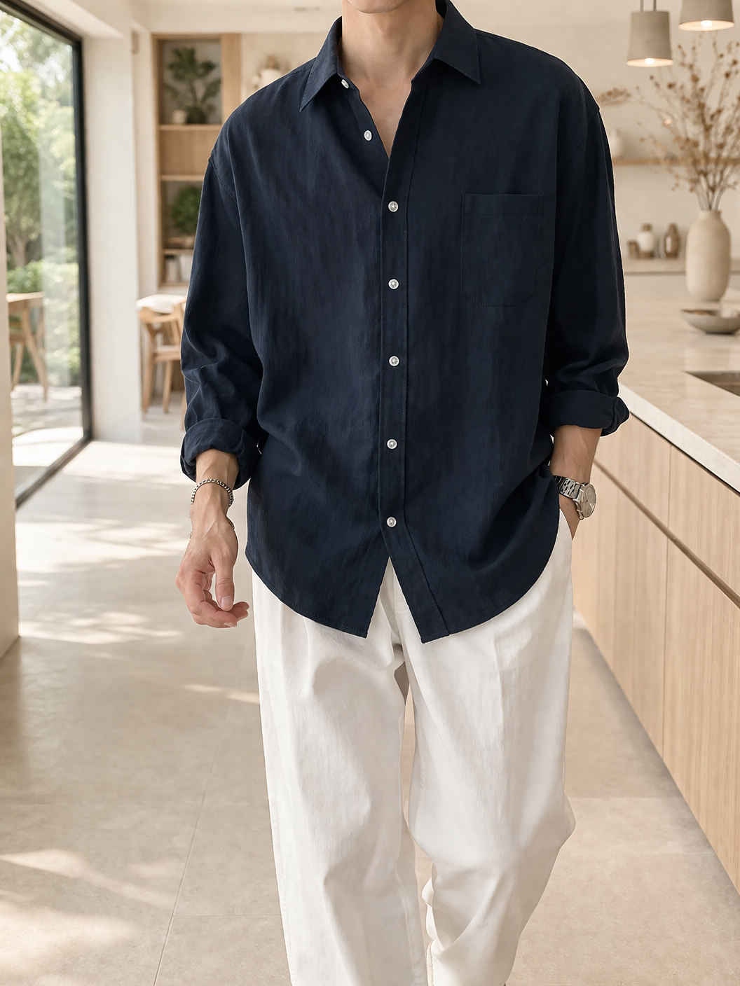 Camisa de manga larga para hombre, mezcla de lino, casual con botones al frente