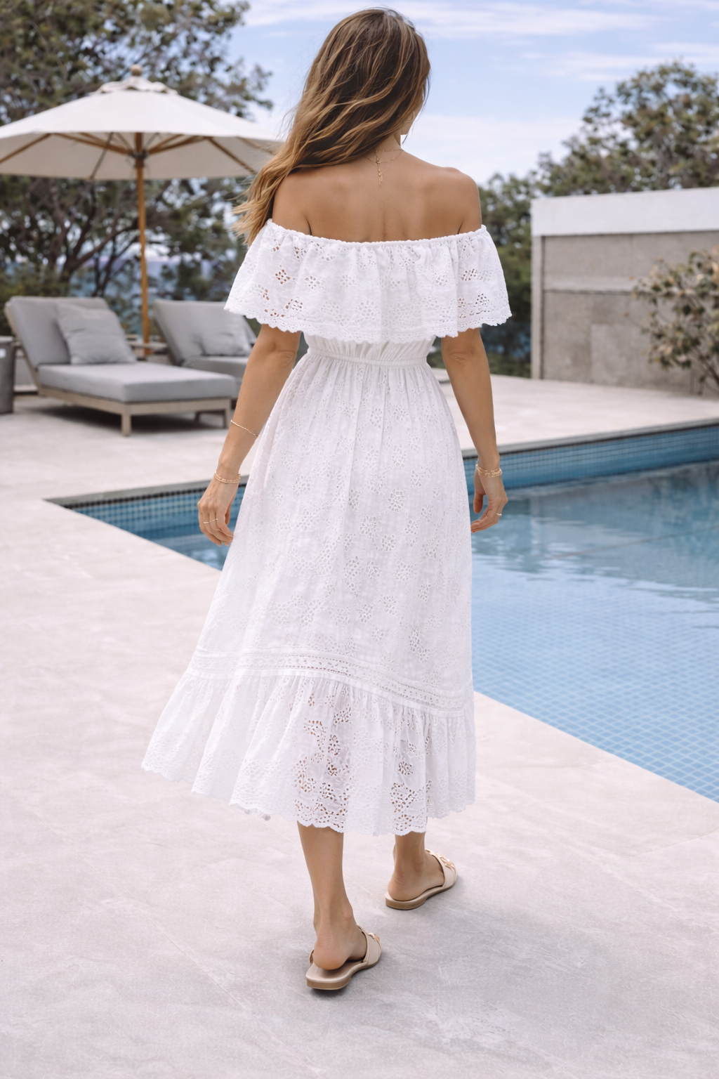 Women’s Off Shoulder Maxi Dress with Broderie Detail