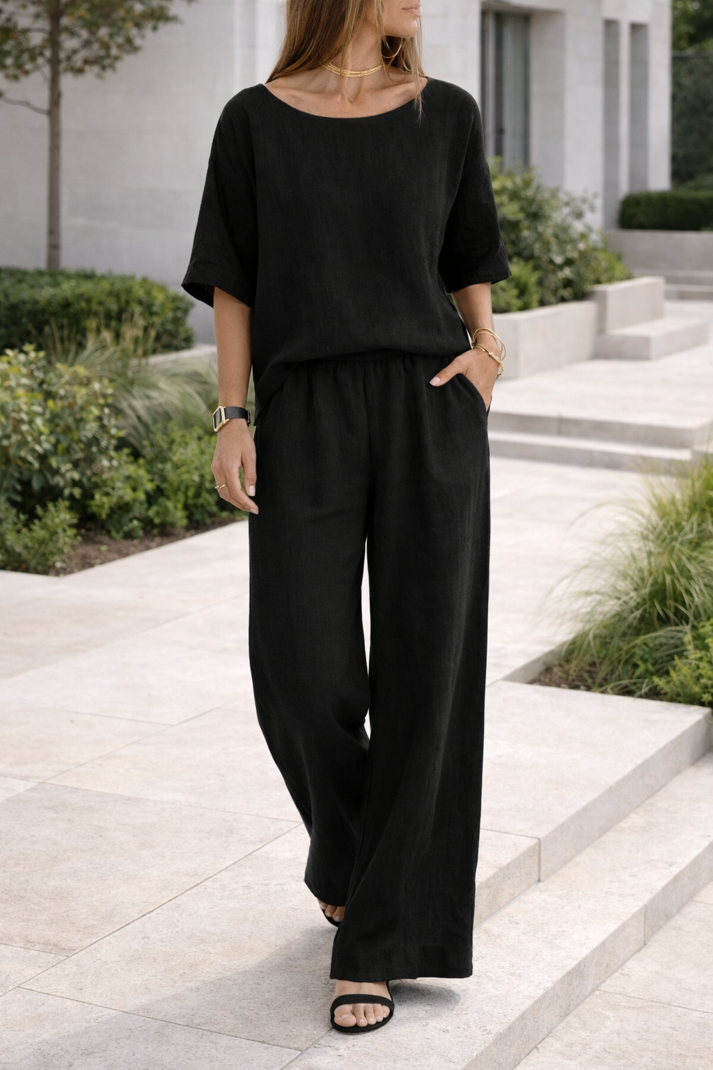 Conjunto de blusa holgada y pantalón de pierna ancha para mujer en mezcla de lino