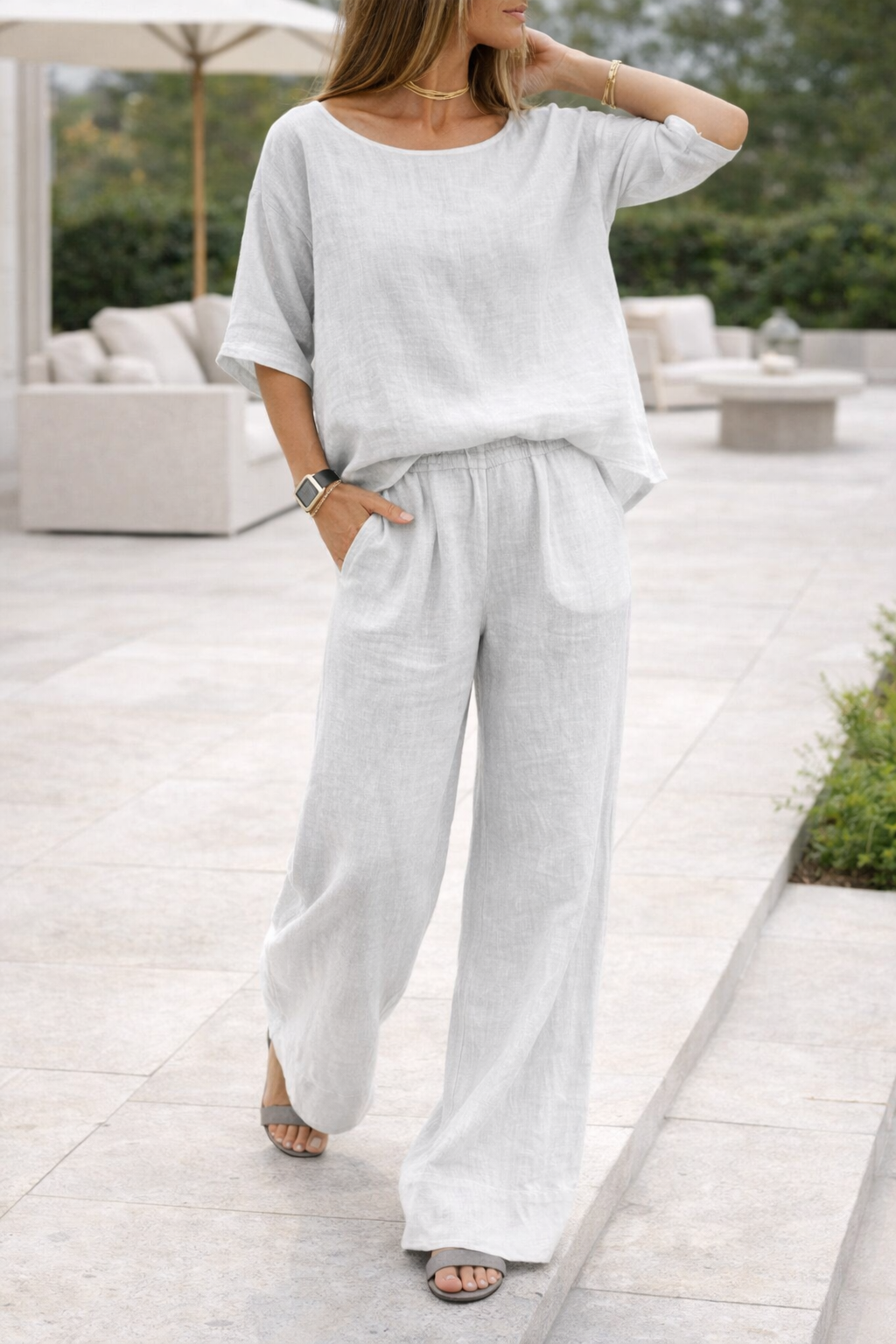 Conjunto de blusa holgada y pantalón de pierna ancha para mujer en mezcla de lino