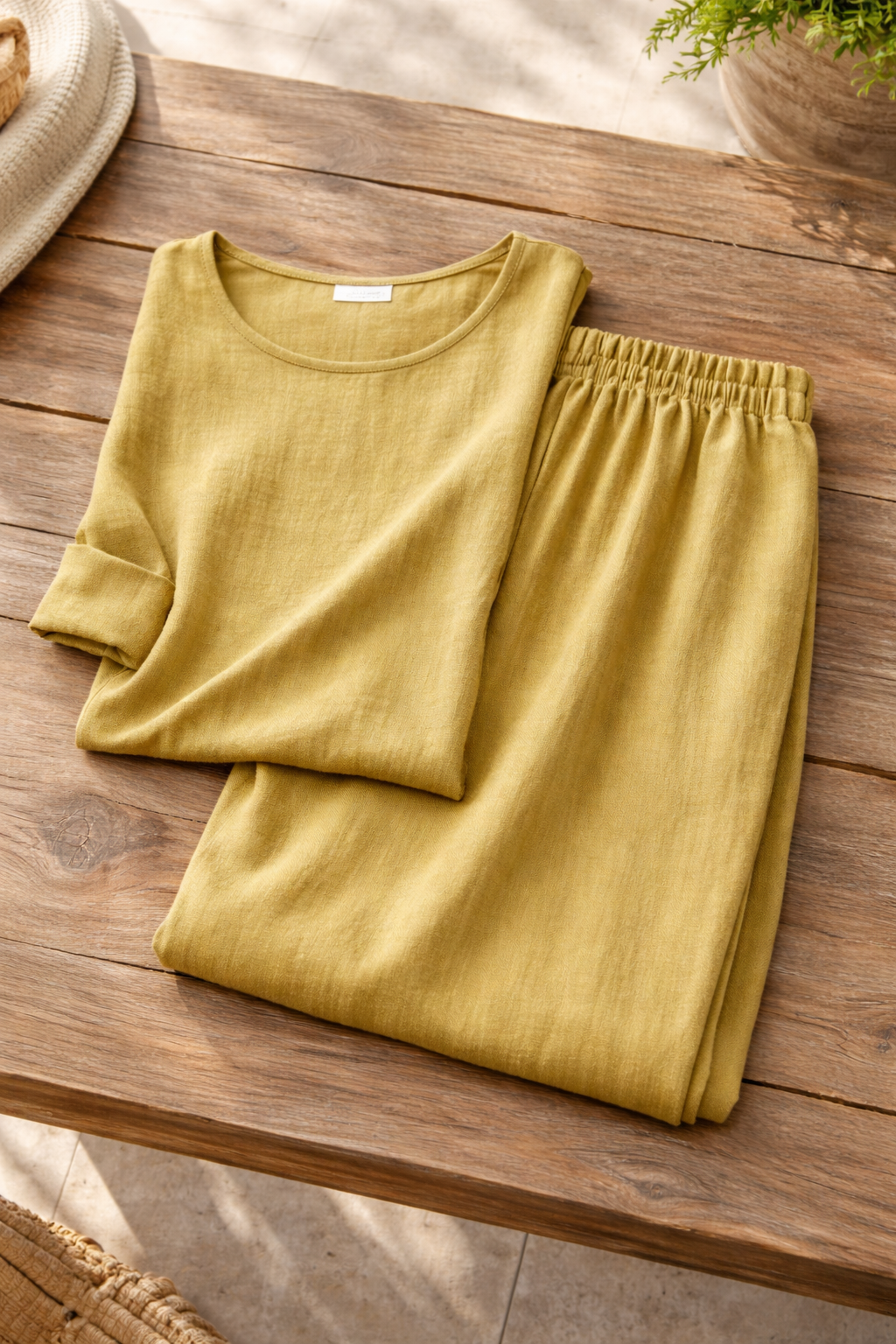 Conjunto de blusa holgada y pantalón de pierna ancha para mujer en mezcla de lino