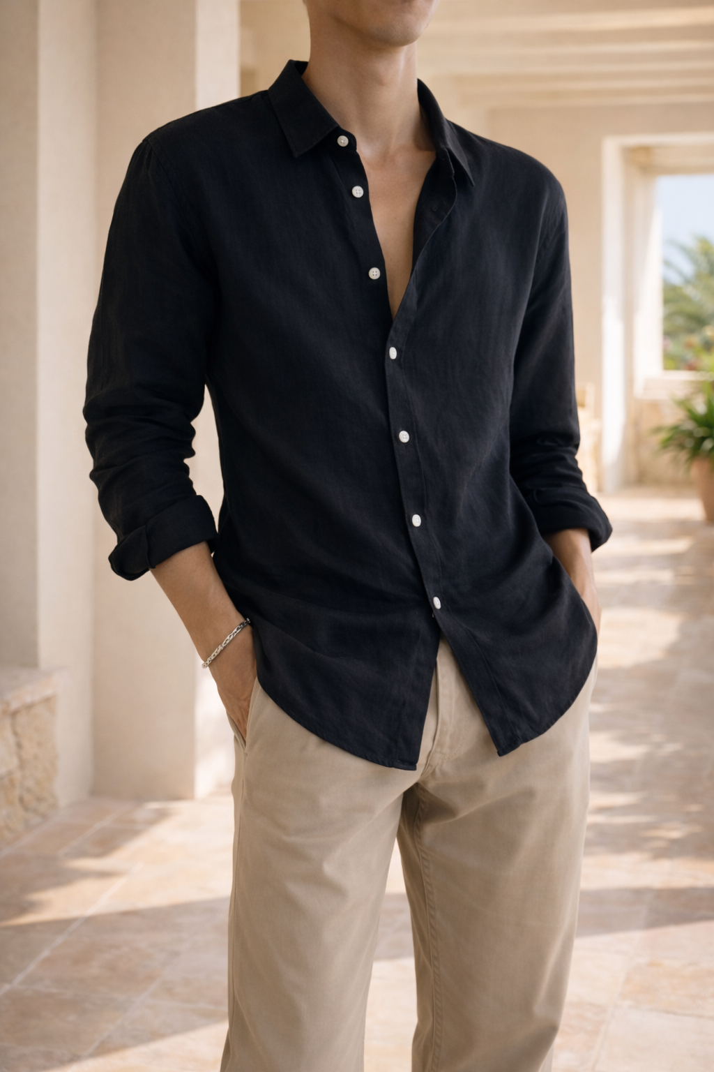 Camicia da uomo in lino con bottoni, stile casual elegante e rilassato