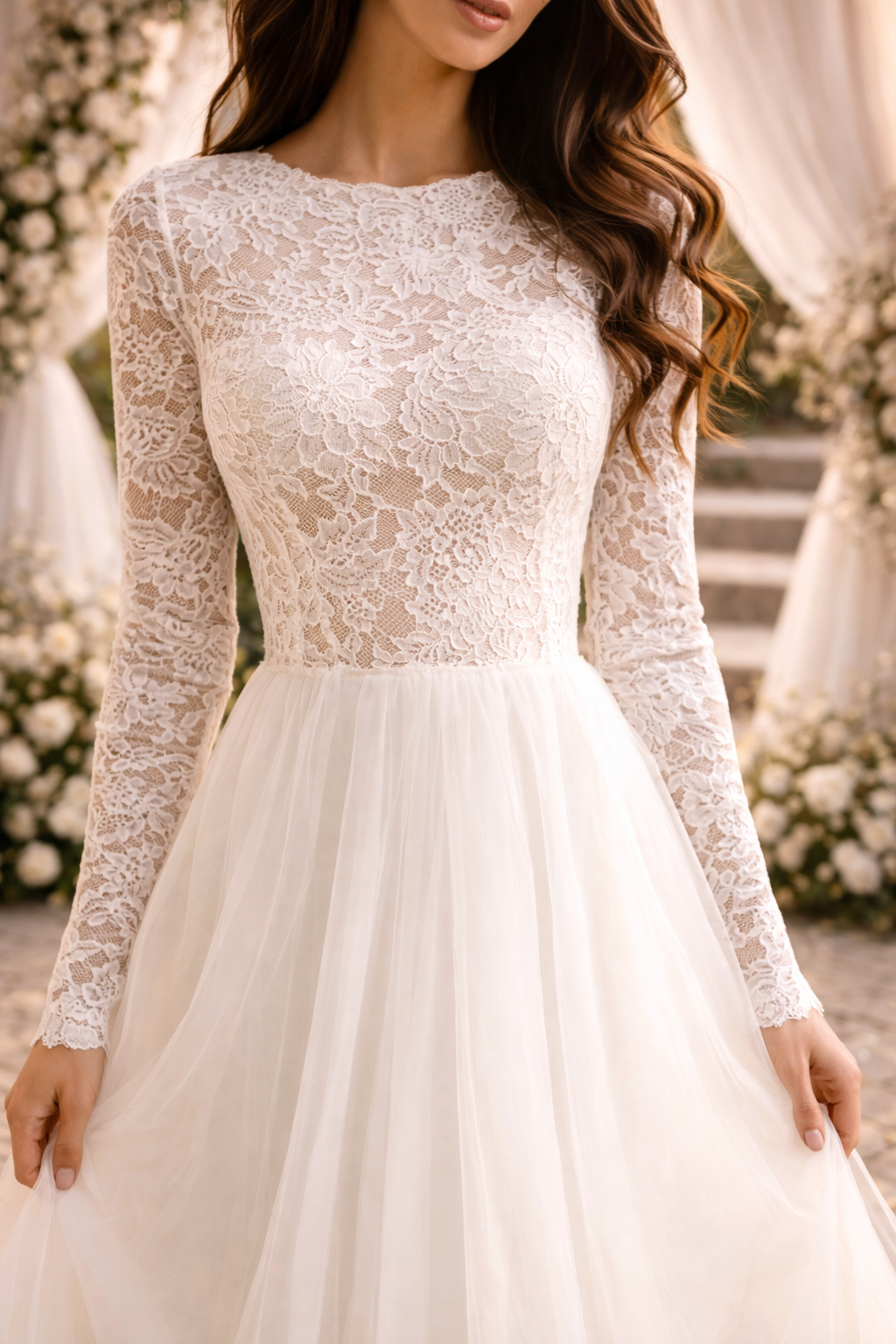 Abito da sposa con corpetto in pizzo e maniche lunghe da donna