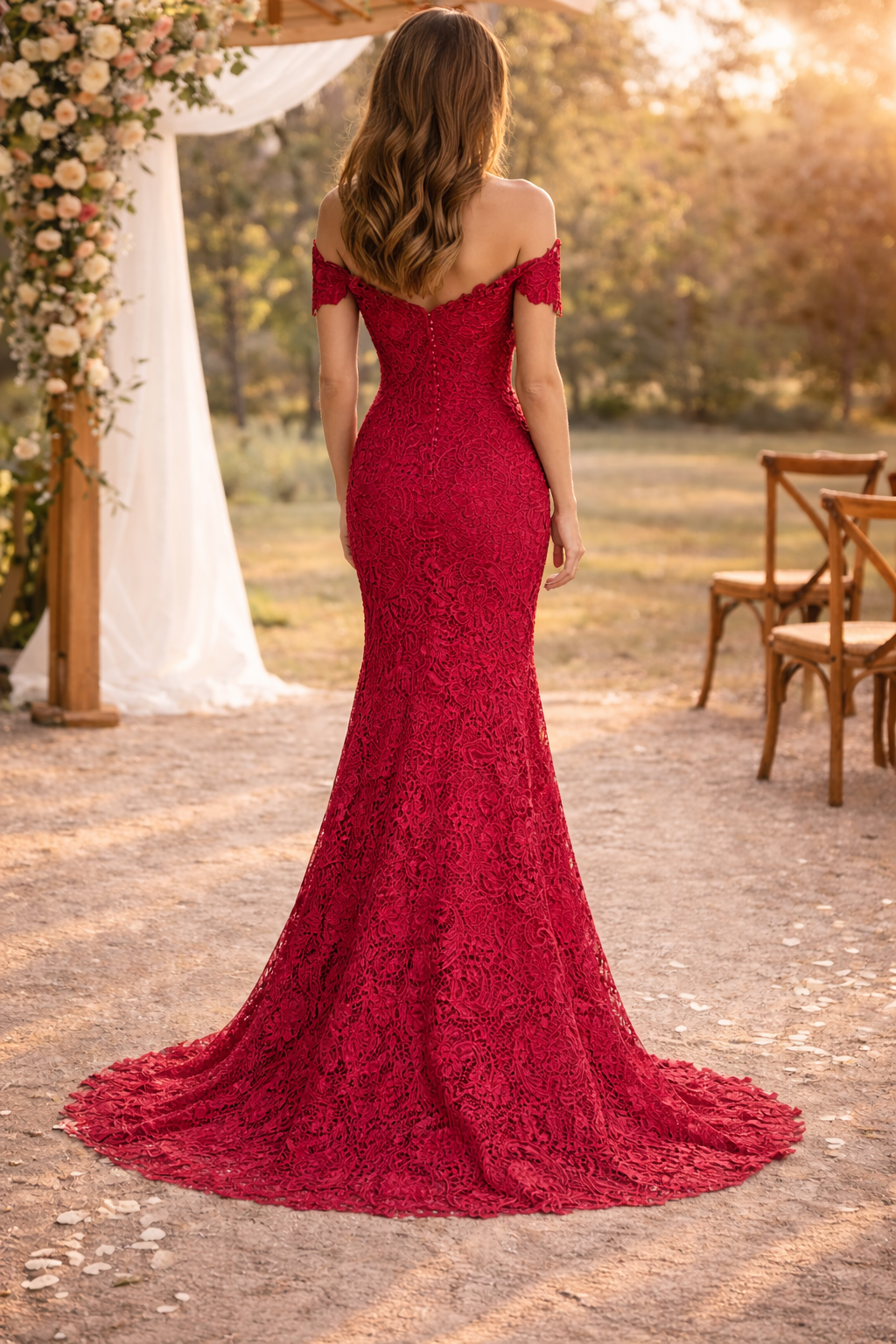 Women’s Off Shoulder Lace Fitted Maxi Wedding Dress