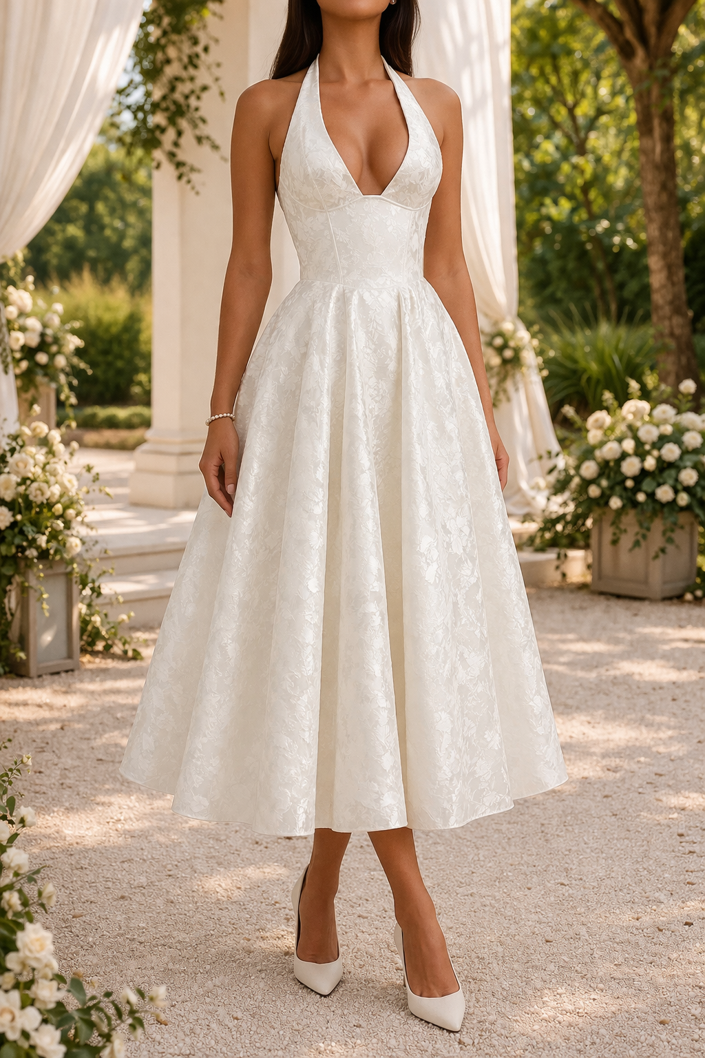 Dame Halterneck Jacquard Midi Kjole Elegant Til Særlige Anledninger