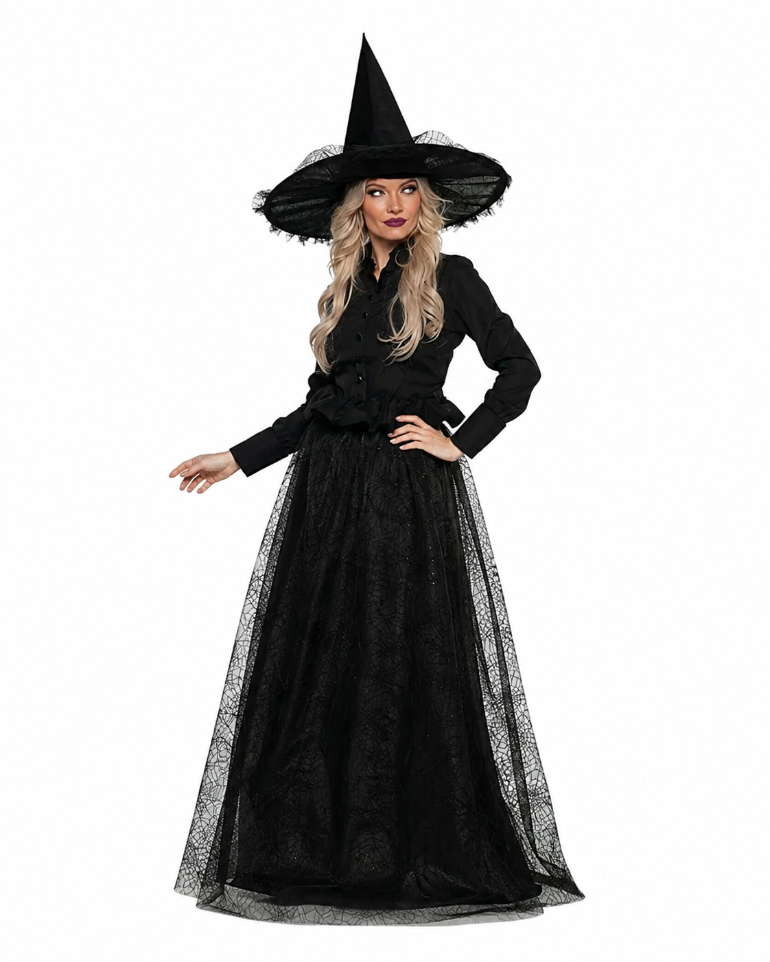 Dámský černý čarodějnický kostým s krajkou s pavučinovým vzorem a kloboukem na Halloween