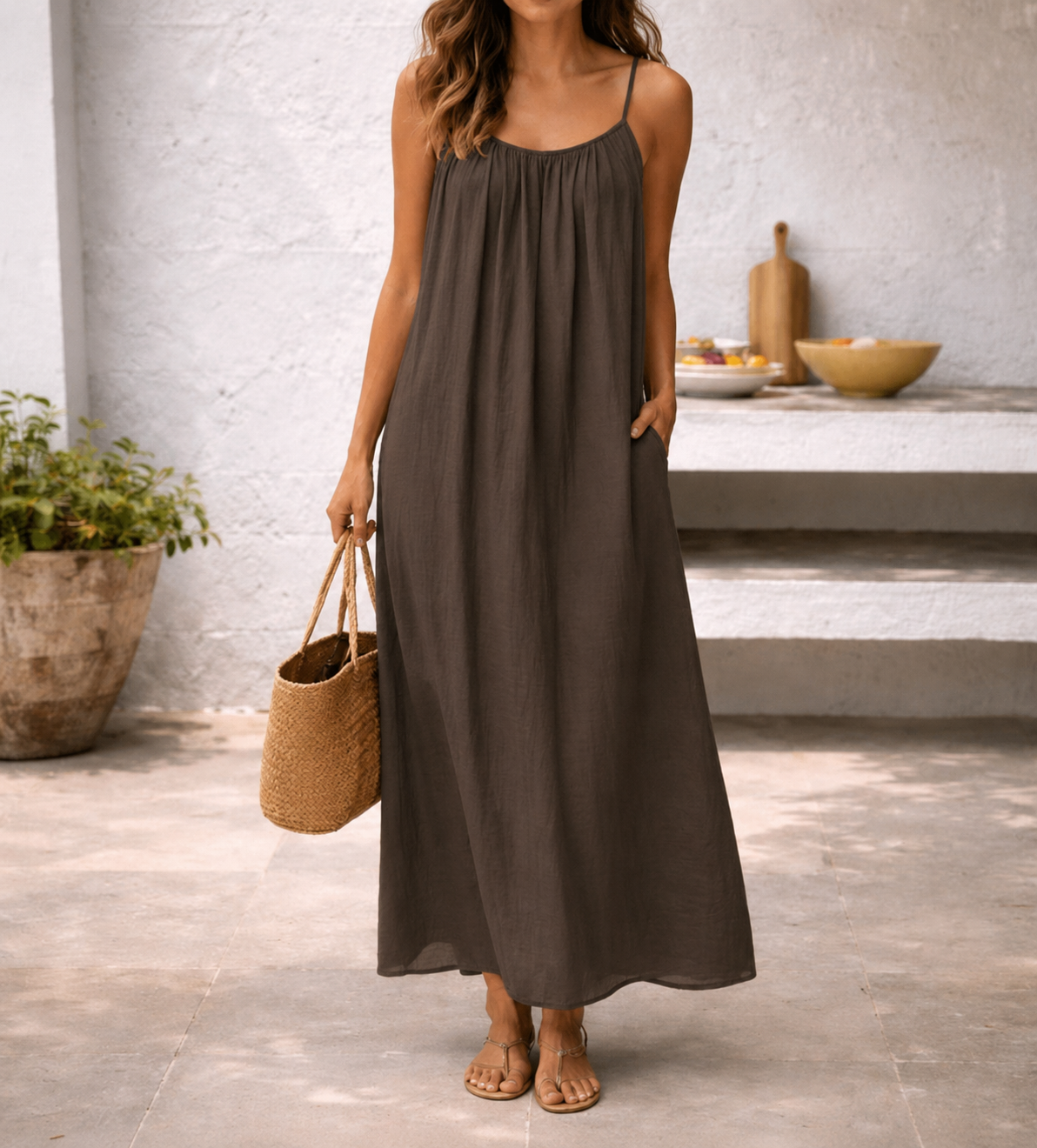 Vestido de playa maxi de ajuste relajado para mujer con tirantes ajustables