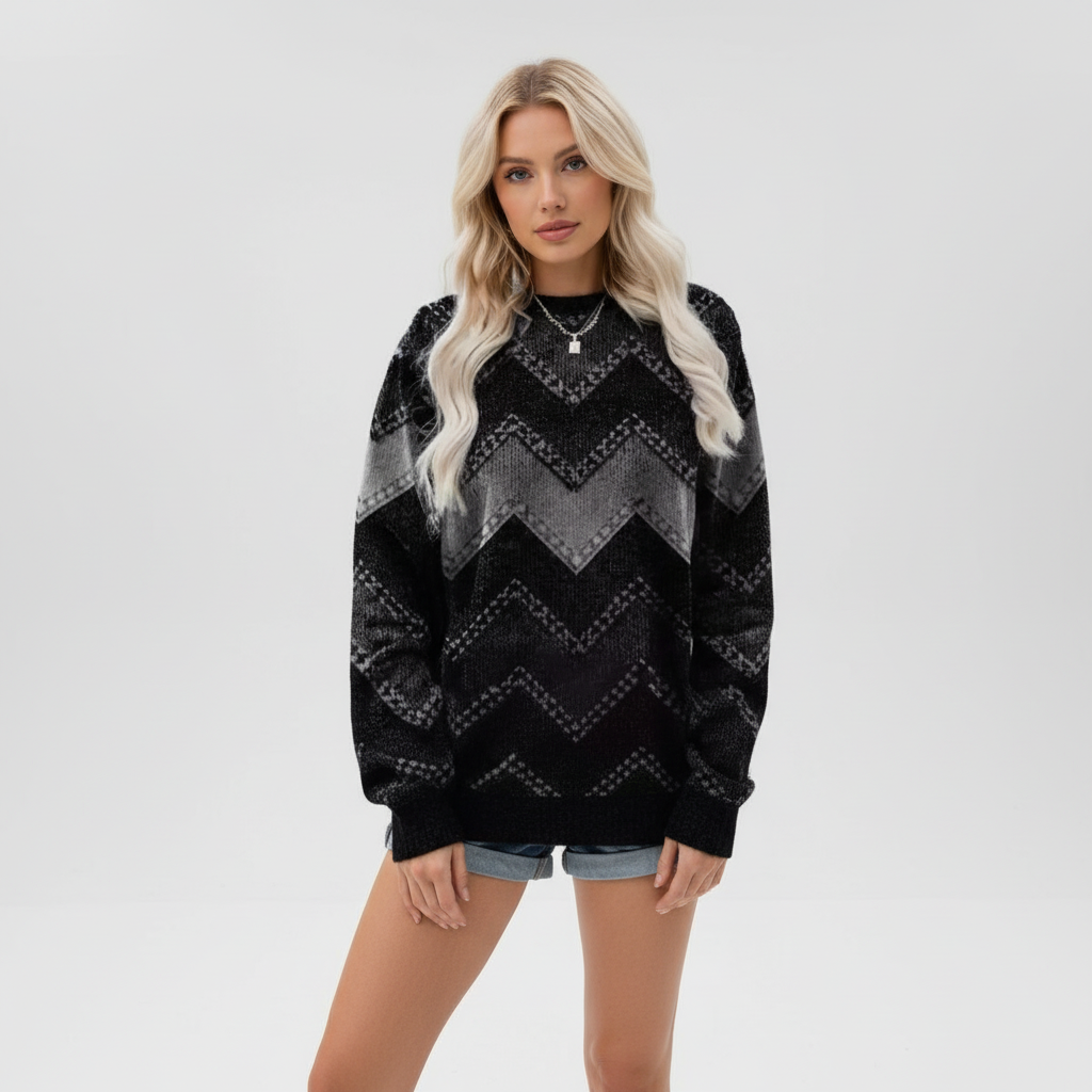 Dame strikket rundhalset sweater med print, afslappet pasform og lange ærmer