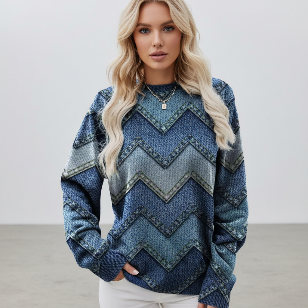 Dame strikket rundhalset sweater med print, afslappet pasform og lange ærmer