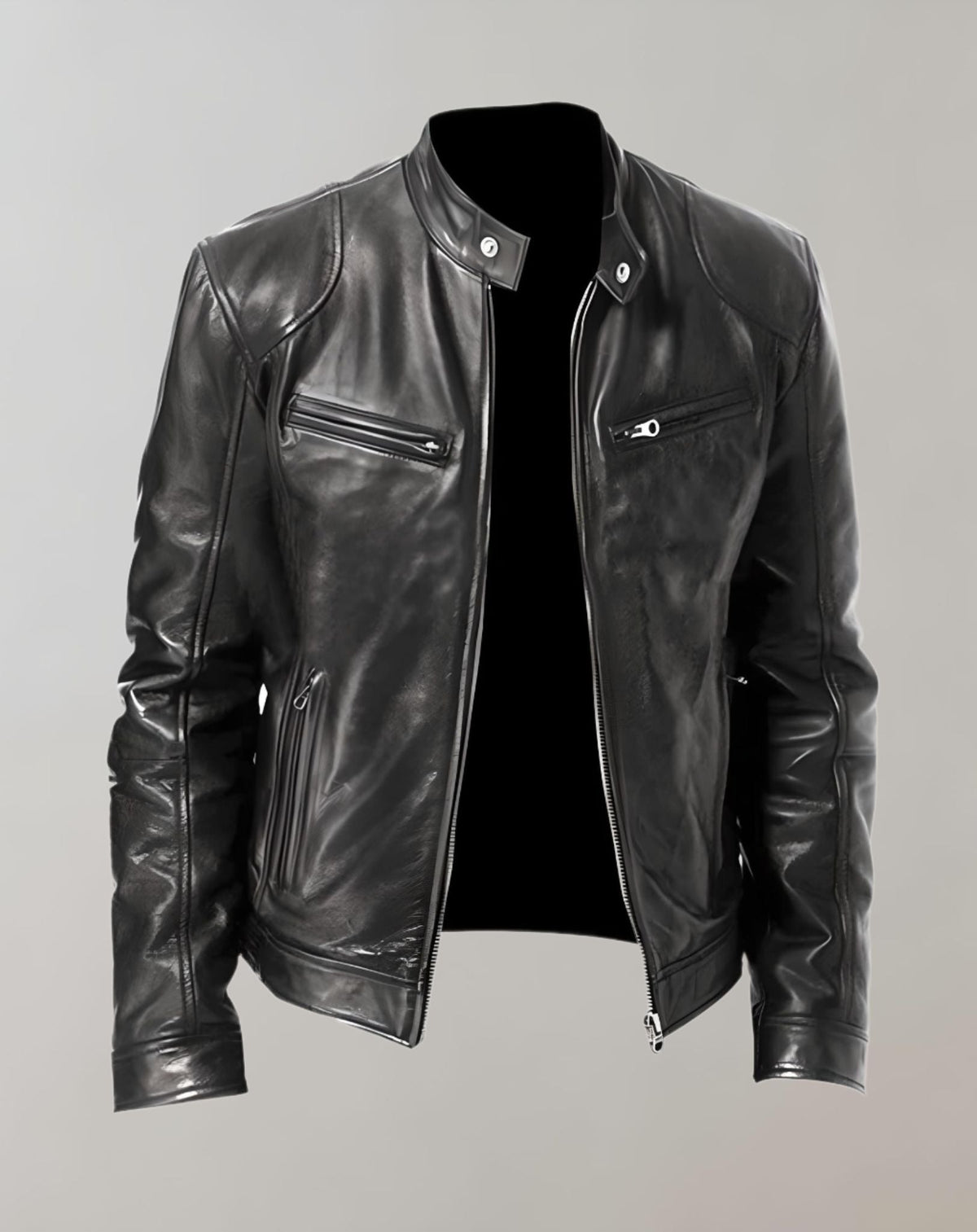 Herrejakke i læder med blank finish – racer-stil med lynlås foran til smart casual-beklædning