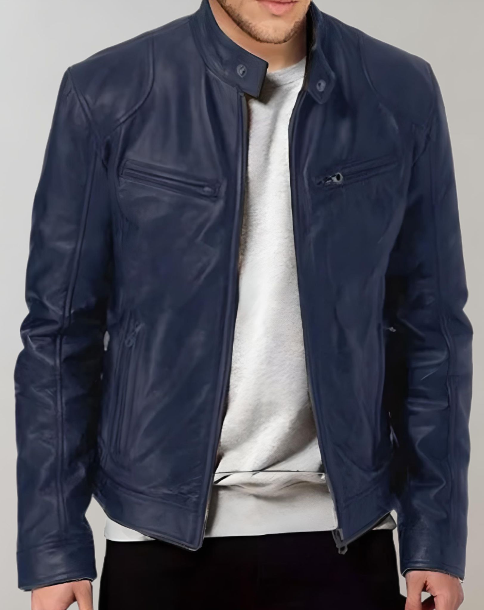 Herrejakke i læder med blank finish – racer-stil med lynlås foran til smart casual-beklædning