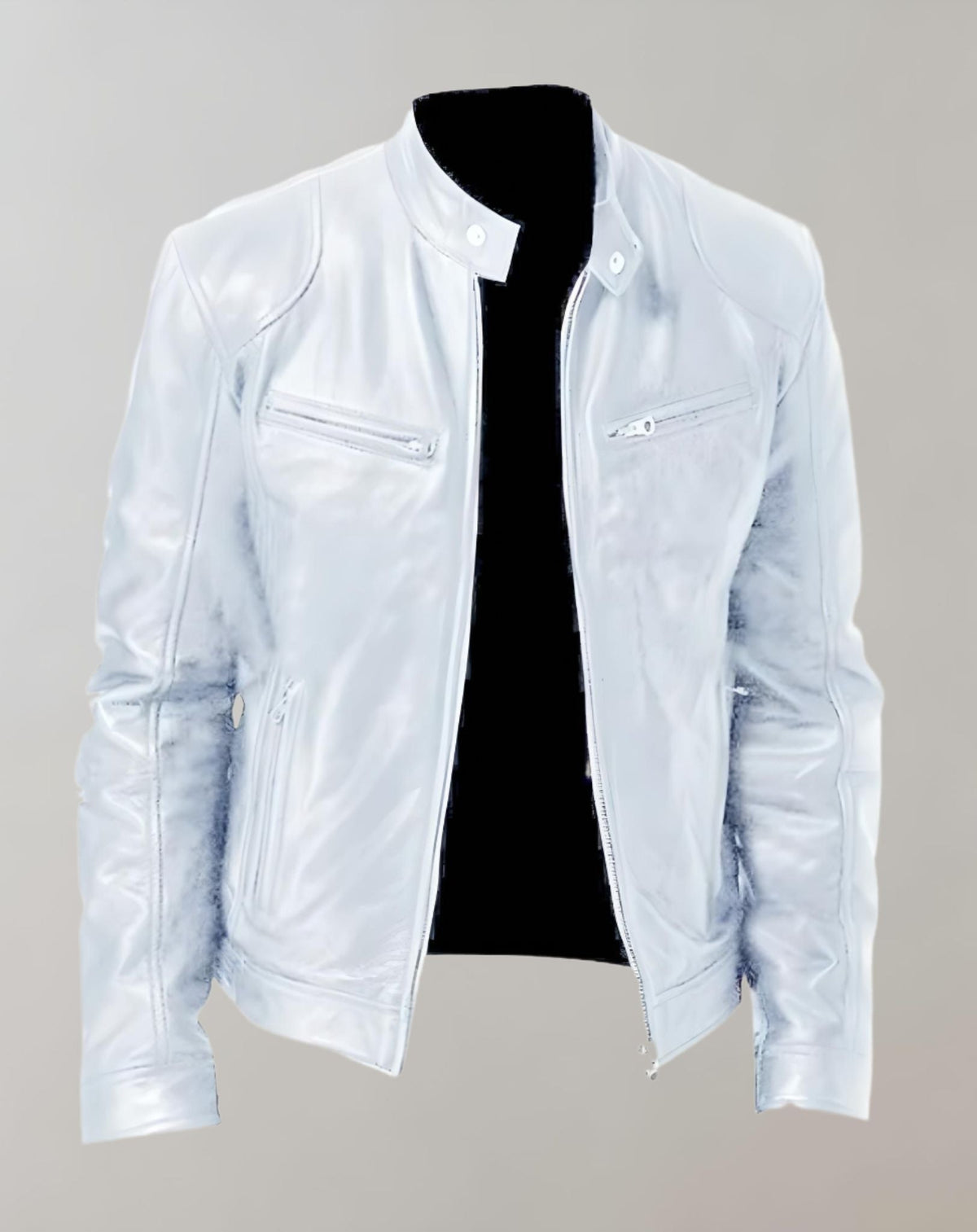Herrejakke i læder med blank finish – racer-stil med lynlås foran til smart casual-beklædning