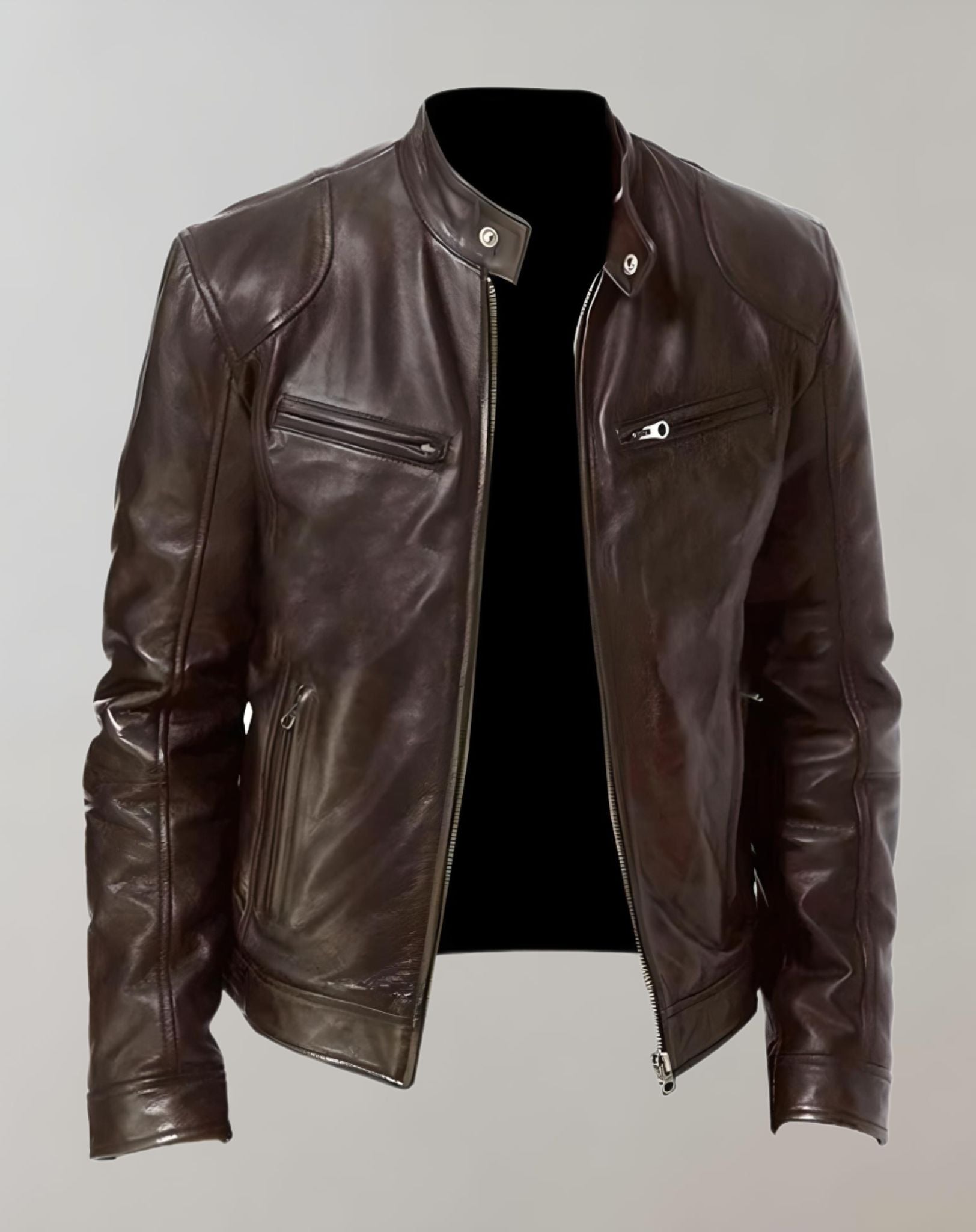 Herrejakke i læder med blank finish – racer-stil med lynlås foran til smart casual-beklædning