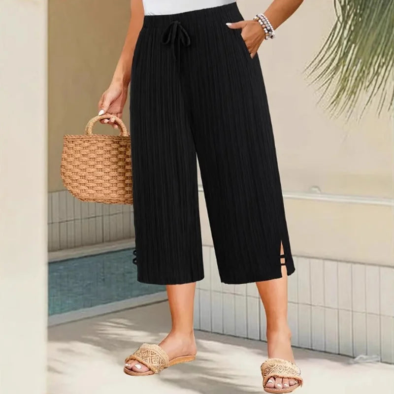 Women’s Relaxed Pleated Cropped Trousers Adjustable Waist Pants