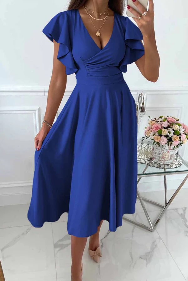 Abito midi da donna con maniche a farfalla, scollo a V effetto portafoglio, vita definita e gonna svasata, per matrimoni e occasioni speciali