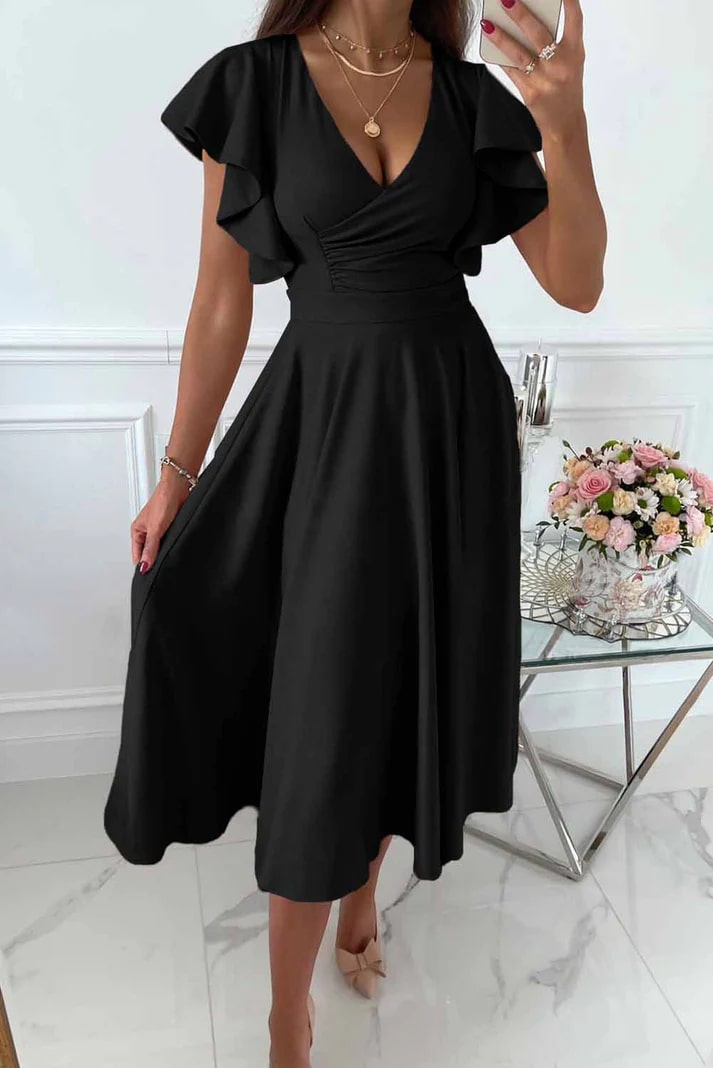 Abito midi da donna con maniche a farfalla, scollo a V effetto portafoglio, vita definita e gonna svasata, per matrimoni e occasioni speciali