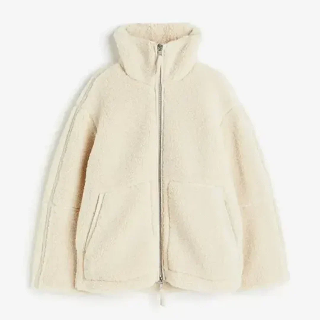 Jachetă supradimensionată din fleece teddy pentru femei, cu fermoar, guler înalt și buzunare aplicate - jachetă exterioară casual, confortabilă, pentru iarnă