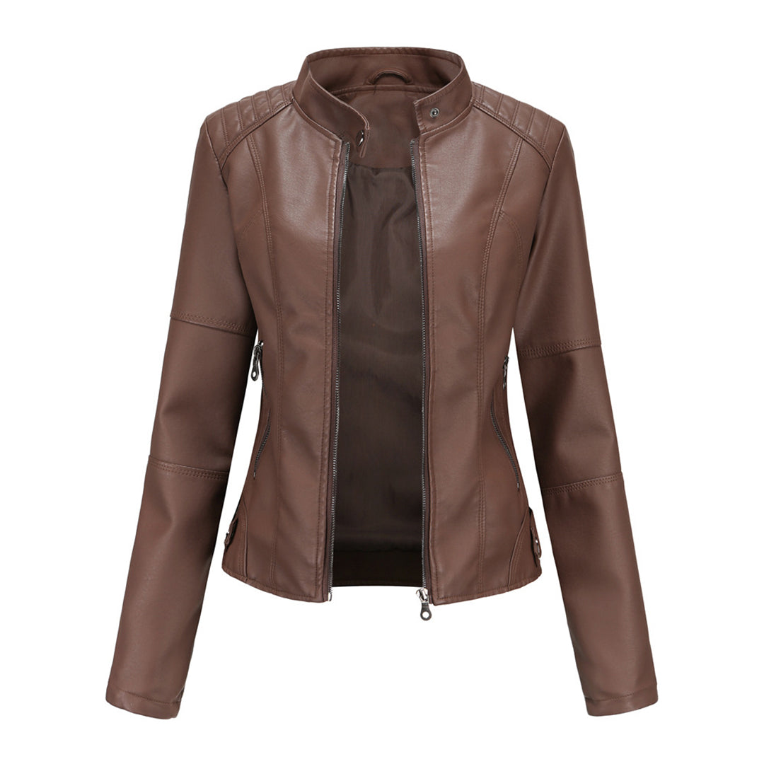 Women’s Faux Leather Biker Jacket – Fitted Zip-Up Layer for Autumn City Wear
