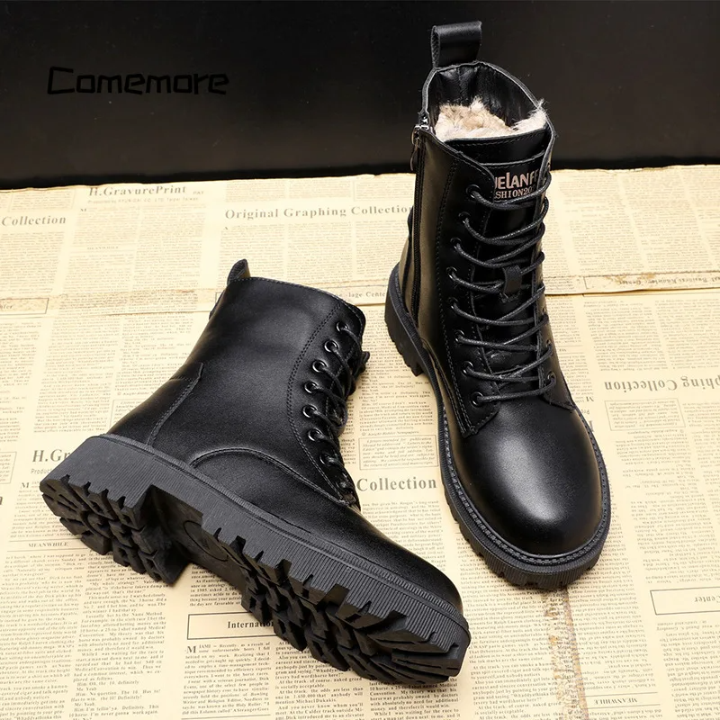 Women’s Leather Lace-Up Winter Ankle Boots – Warm Plush-Lined Chunky Sole Footwear for Casual Everyday Wear City Walks Autumn Outfits and Cold-Weather Winter Styling