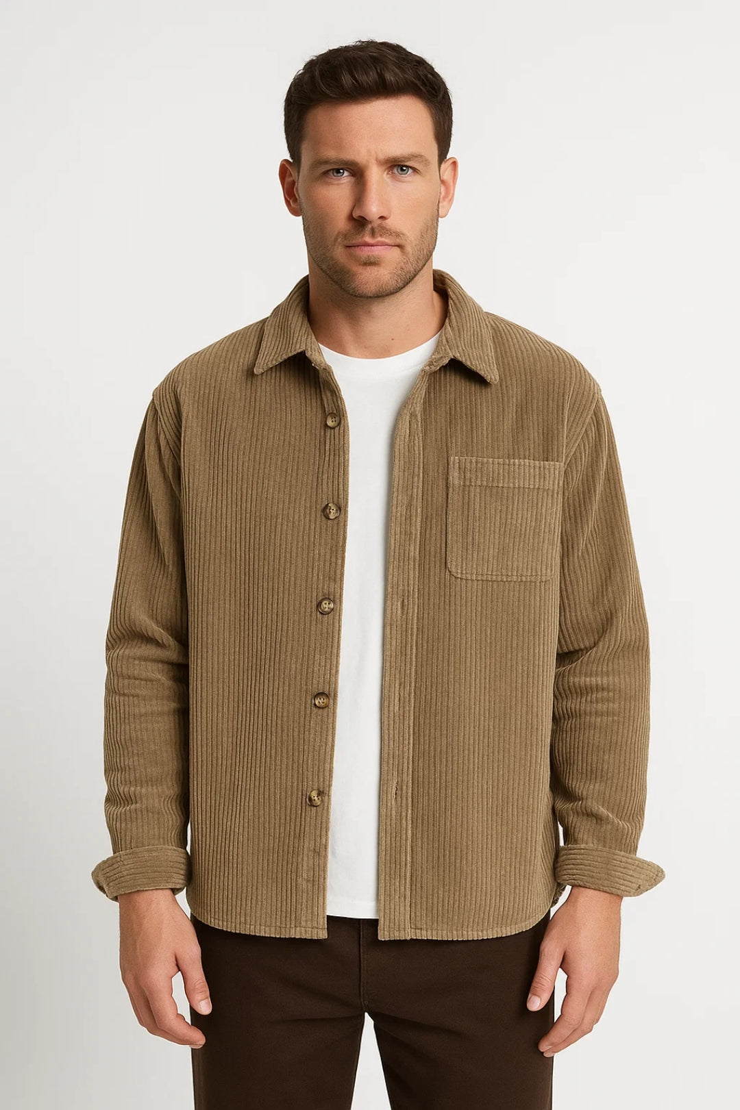 Herre ribstrikket overshirt med lomme og knaplukning foran