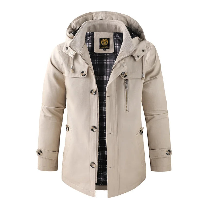 Men’s Hooded Mid-Length Winter Coat – Warm Button-Front Utility Layer for Casual City Wear Autumn Winter Travel and Everyday Cold-Weather Styling69.95
