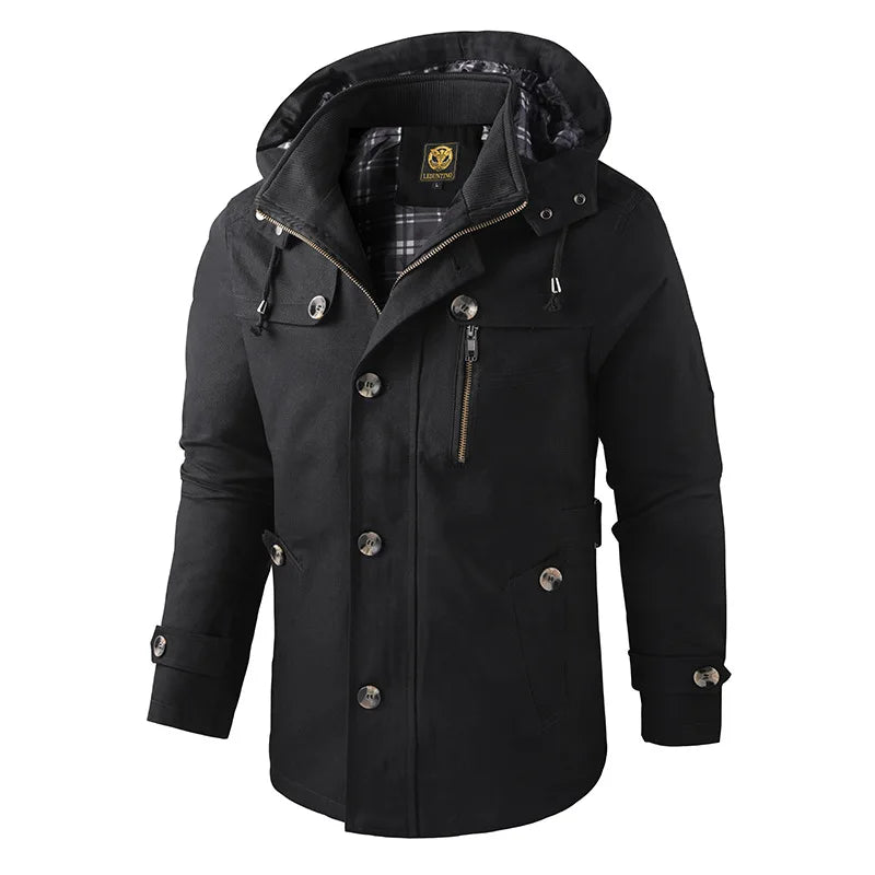 Men’s Hooded Mid-Length Winter Coat – Warm Button-Front Utility Layer for Casual City Wear Autumn Winter Travel and Everyday Cold-Weather Styling69.95