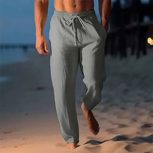 Pánské lněné kalhoty s texturou, na gumu, resortní střih