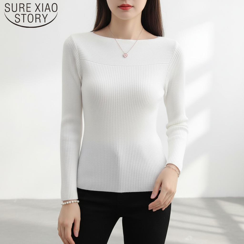 Camisola de Malha Canelada para Mulher com Decote Barco, Ajustada e de Manga Comprida