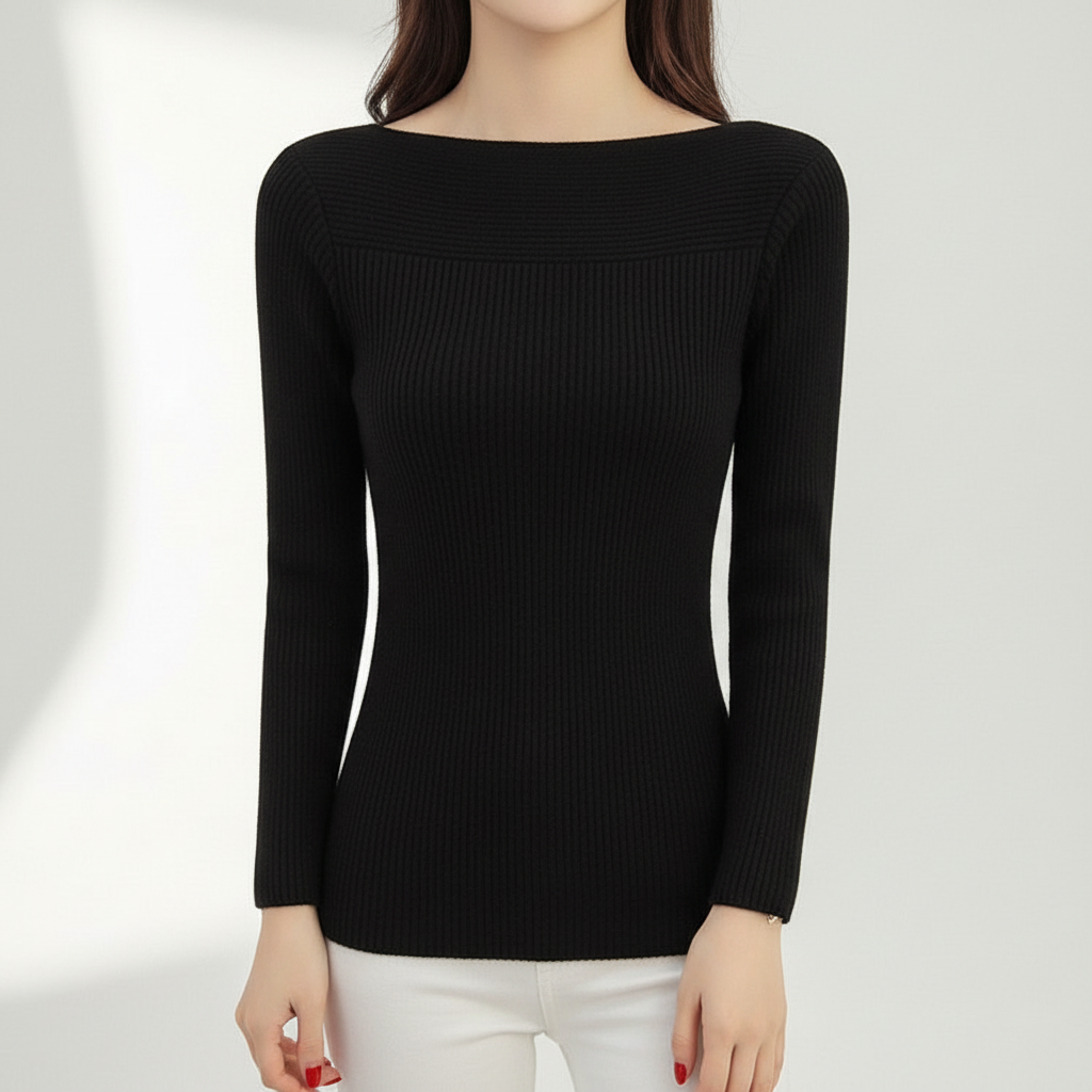 Camisola de Malha Canelada para Mulher com Decote Barco, Ajustada e de Manga Comprida