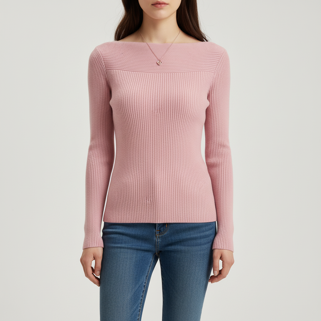 Camisola de Malha Canelada para Mulher com Decote Barco, Ajustada e de Manga Comprida