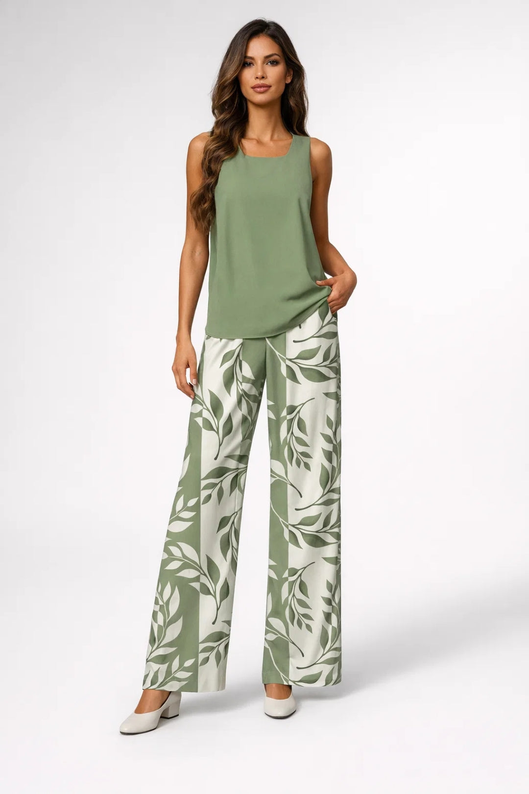 Set met mouwloos topje met vierkante hals en wijde broek met print voor dames - losse zomerse co-ord voor vakanties en casual kleding