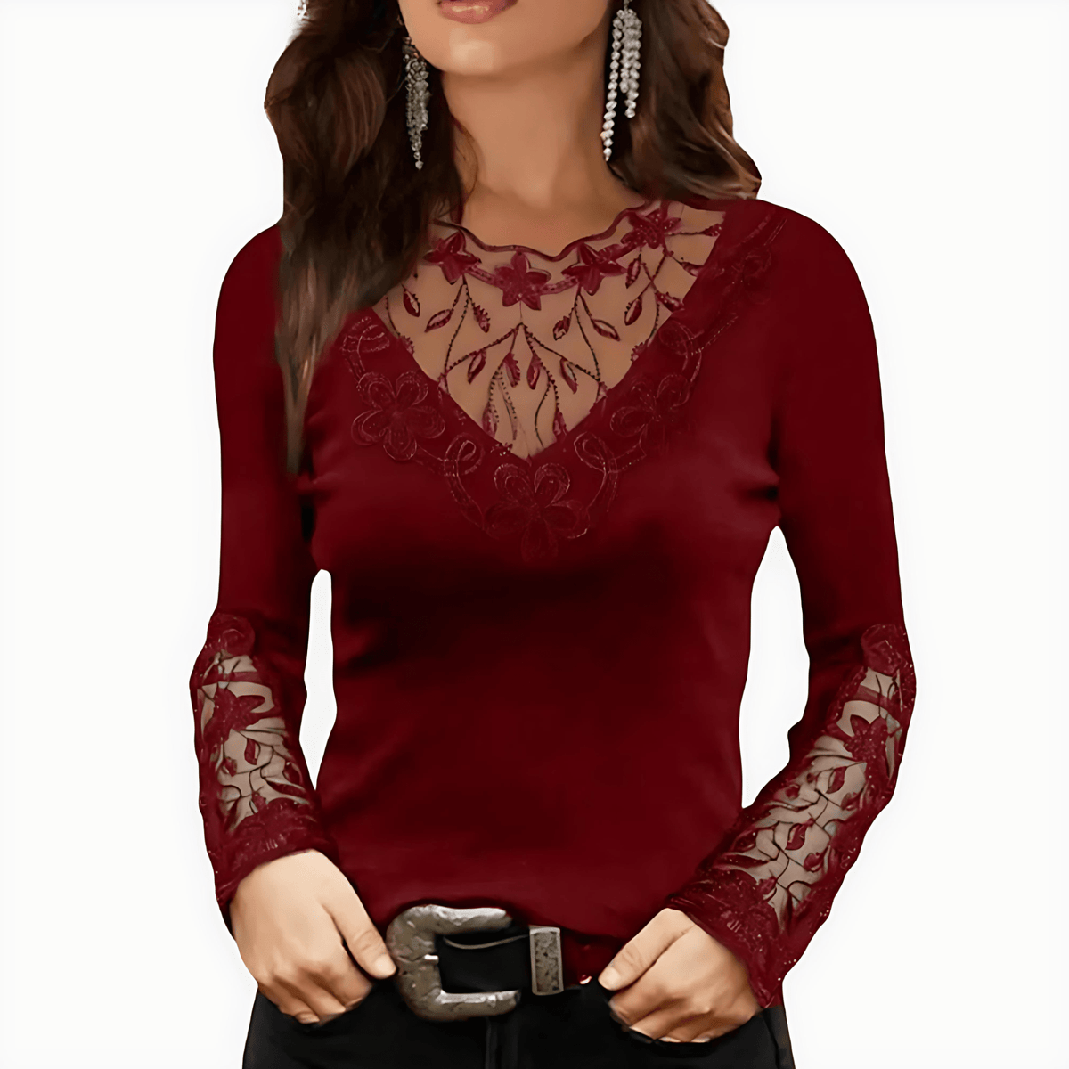 Elegante damesblouse met V-hals en transparante kanten inzetstukken met borduursel – Getailleerde top met lange mouwen voor avonden en nette casual outfits