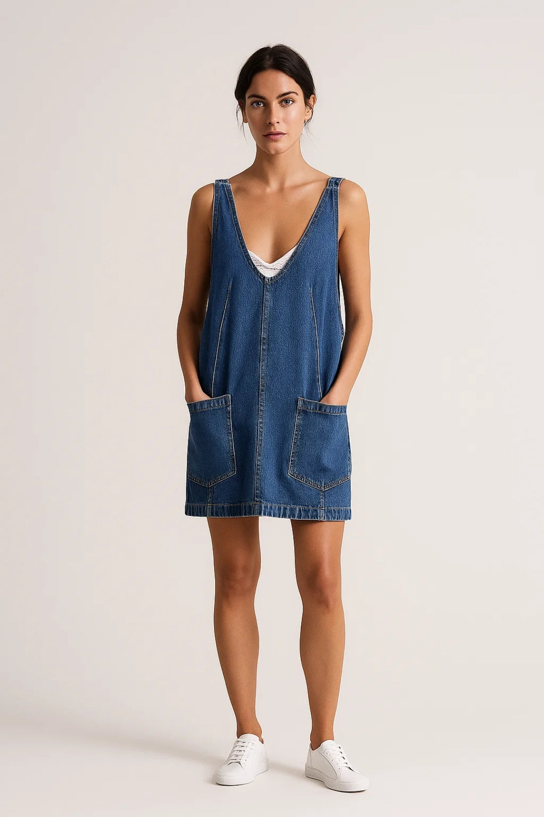 Women’s Dress Denim V-Neck Pocket Mini Pinafore