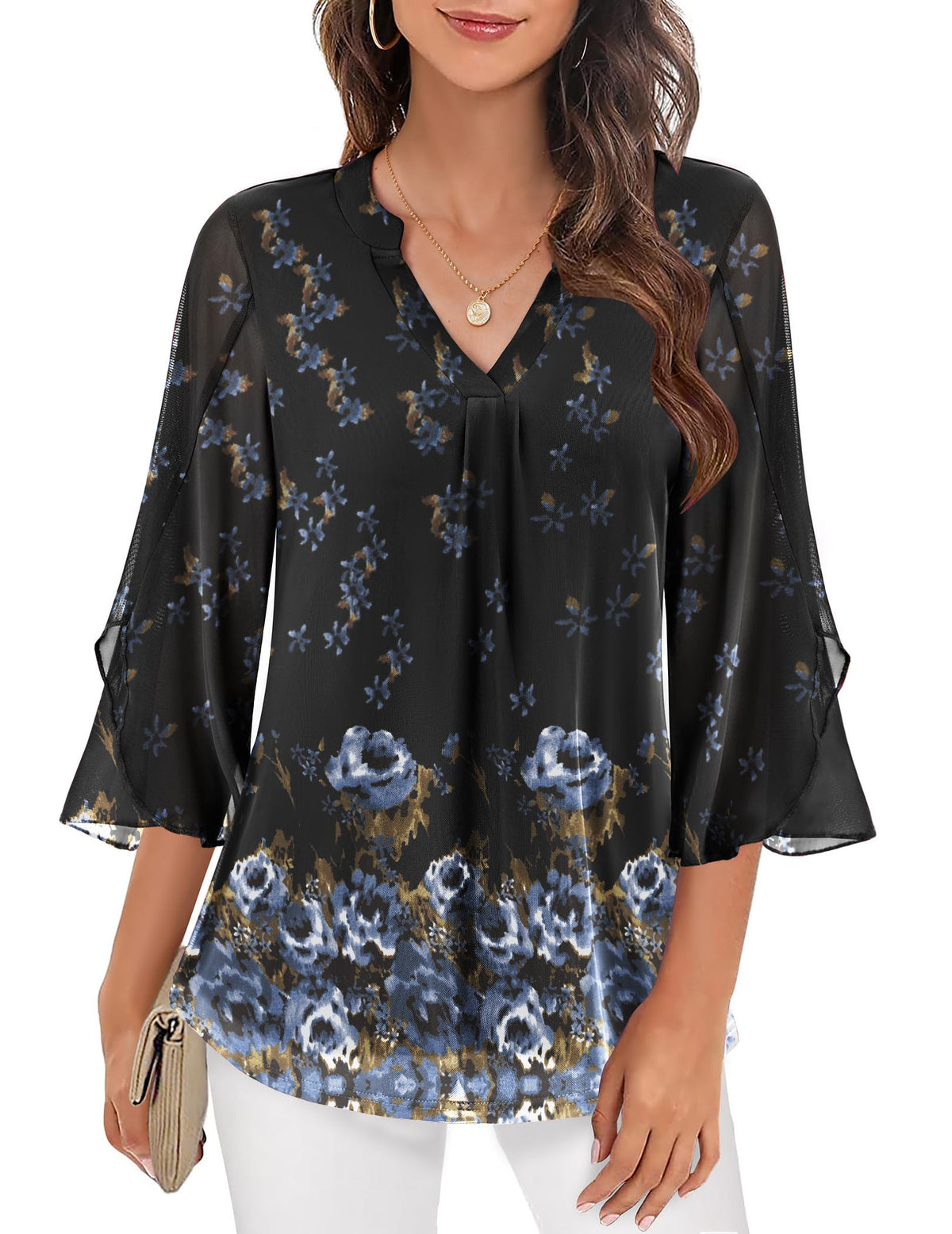 Blusa elegante estampada para mulher, de malha transparente e decote em V, com mangas evasé a três quartos – Top leve em camadas para o escritório e ocasiões casuais elegantes