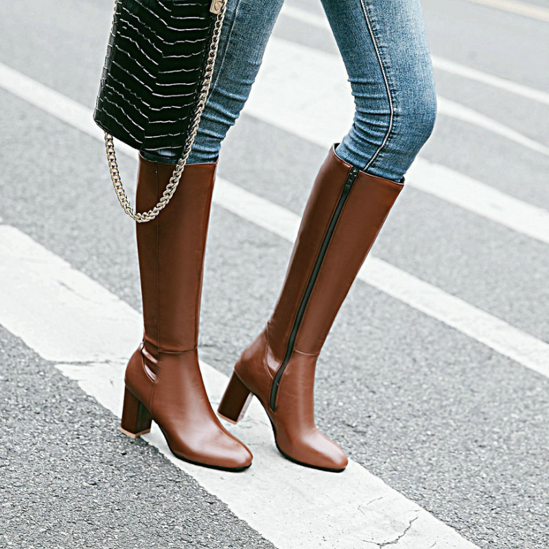 Calzado femenino hasta la rodilla con cremallera y tacón ancho – Silueta alta elegante para looks diarios y nocturnos con estilo