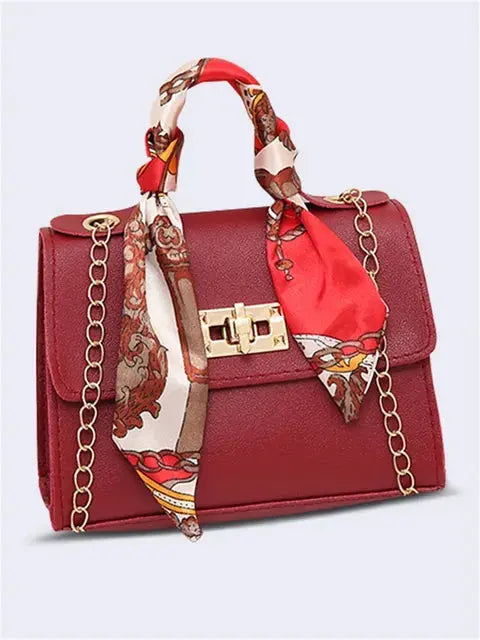 Women’s Structured Chain Handbag Printed Scarf Handle Shoulder Bag