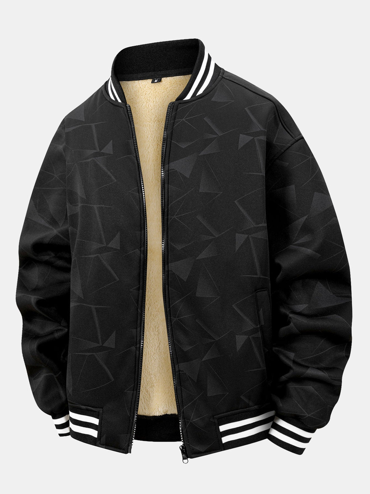 Men’s Teddy Fleece Lined Varsity Bomber Jacket – Warm Printed Zip-Up Baseball Jacket for Autumn and Winter