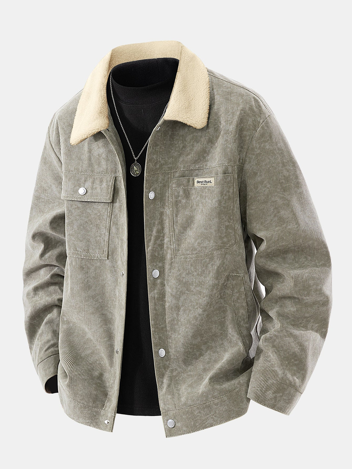 Cordjacke mit Sherpafutter für Herren – warme Jacke mit Kragen, Druckknöpfen und Taschen für Herbst und Winter