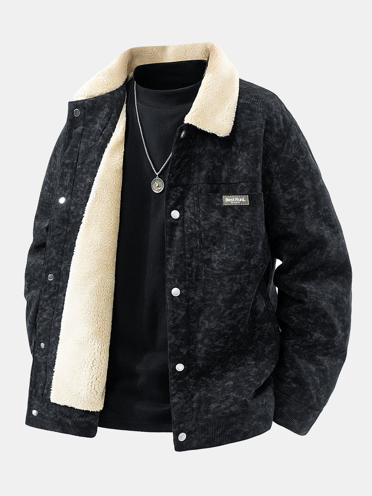 Cordjacke mit Sherpafutter für Herren – warme Jacke mit Kragen, Druckknöpfen und Taschen für Herbst und Winter
