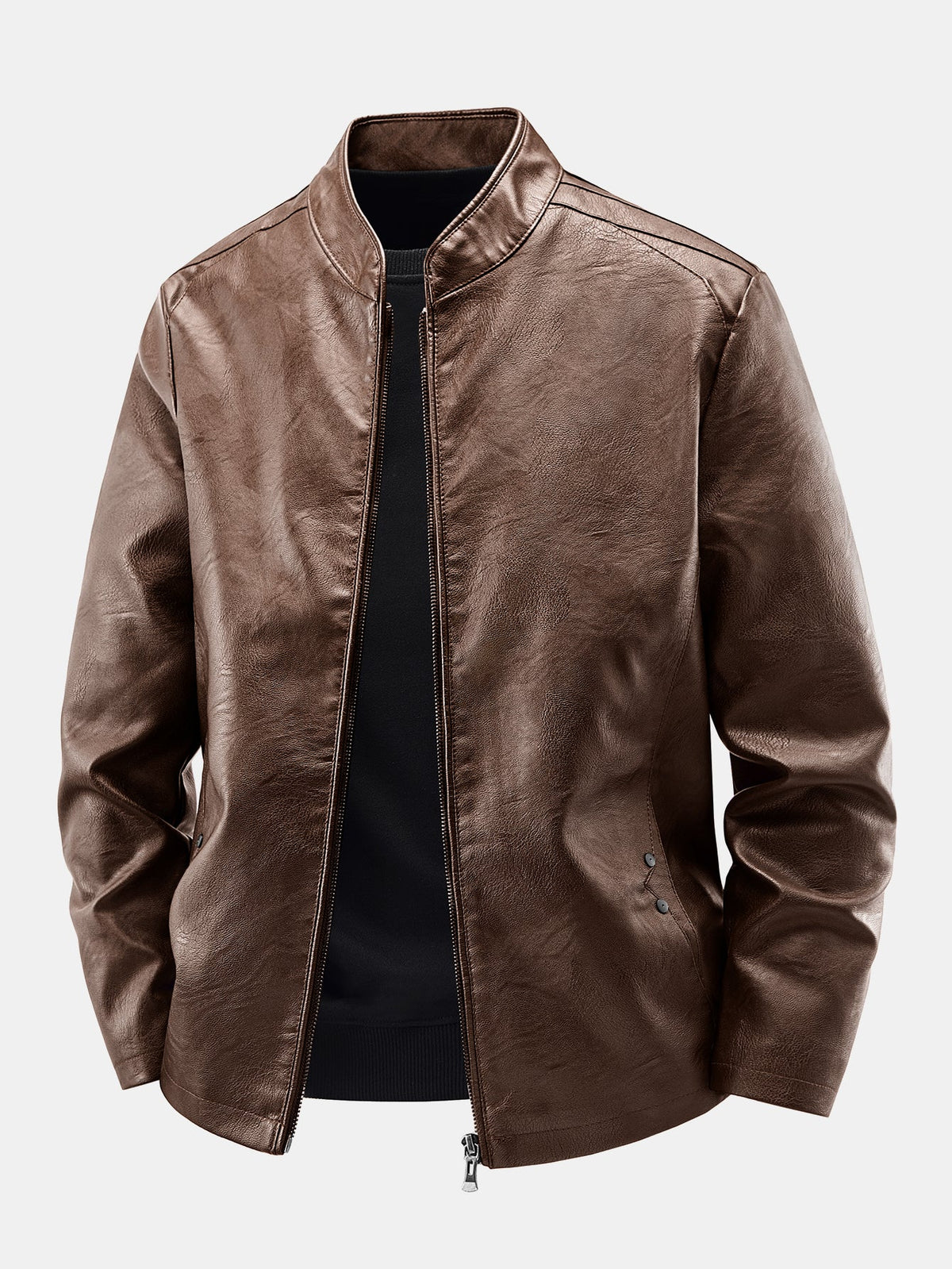 Herrenjacke aus Kunstleder mit Stehkragen und durchgehendem Reißverschluss – normale Passform, klassische Bikerjacke für den Herbst