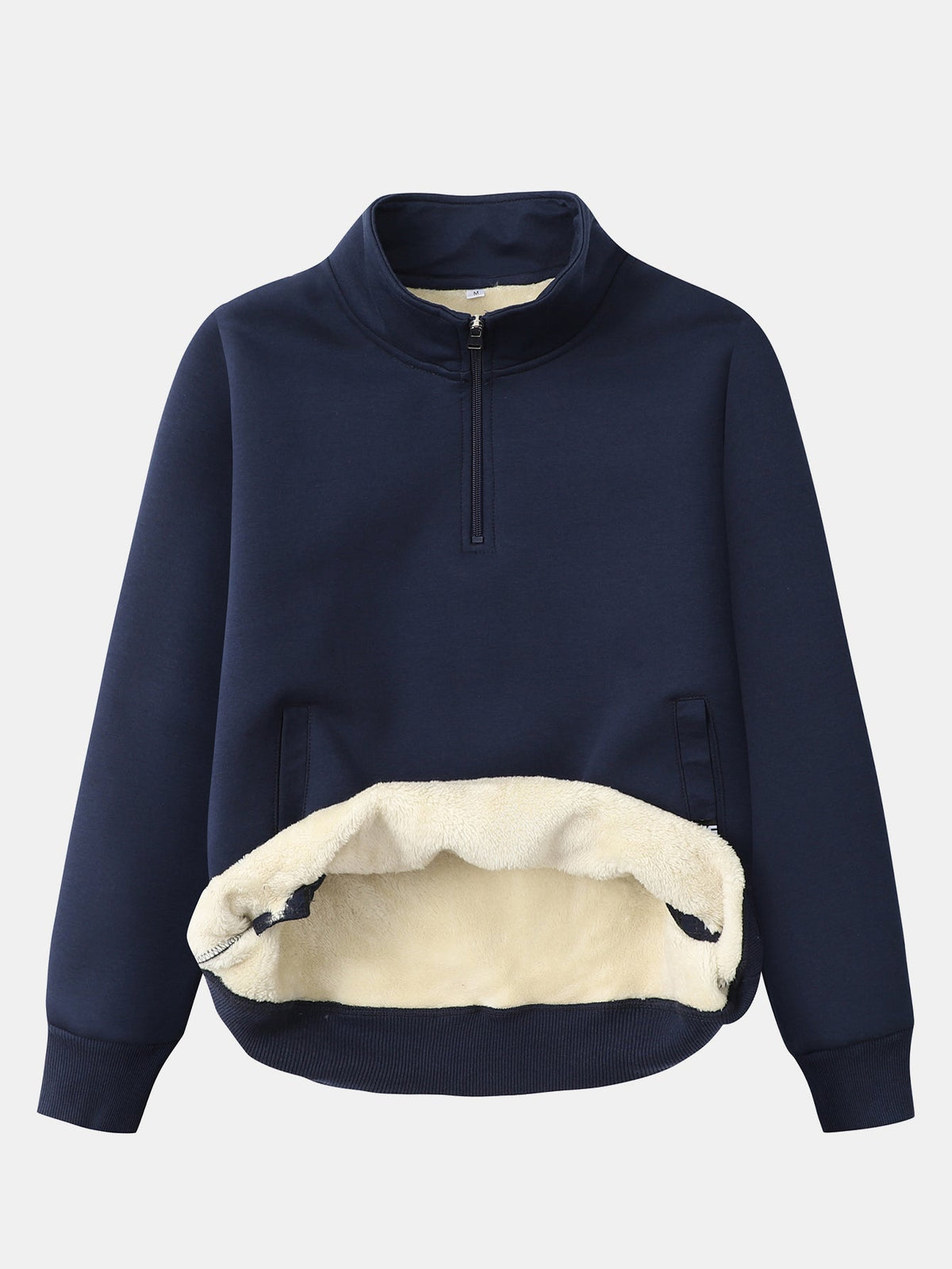Heren-sweatshirt met teddyfleecevoering en kwartrits – warme pullover van katoenmix met opstaande kraag en zijzakken, voor herfst en winter