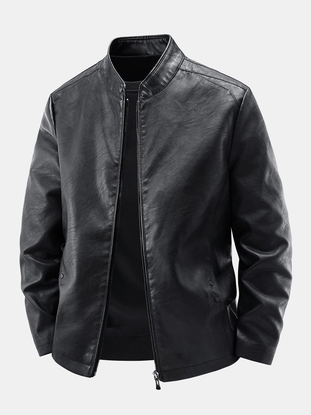 Herrenjacke aus Kunstleder mit Stehkragen und durchgehendem Reißverschluss – normale Passform, klassische Bikerjacke für den Herbst